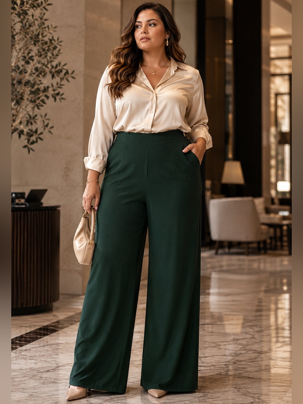 Estelle Dark Green Wide Leg Pants Plus Size 24W 3X Pull-On Stretch Trouser Pants